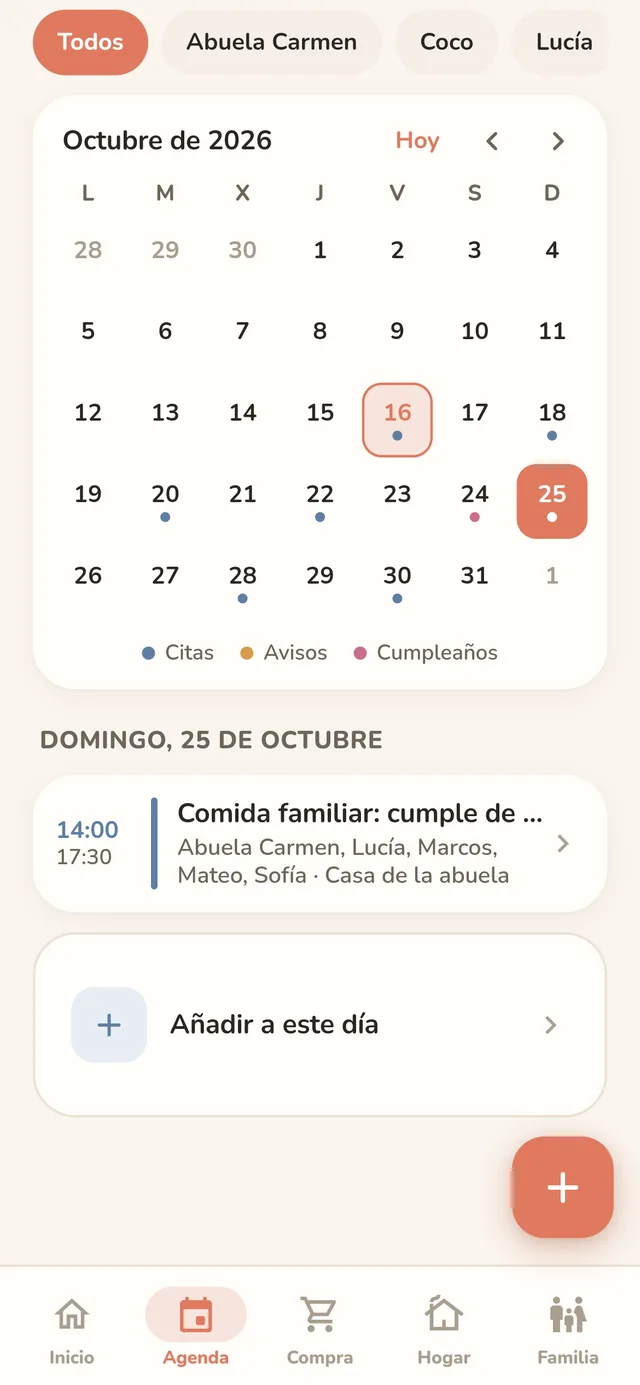 Agenda familiar con las citas del mes